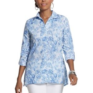 Chico’s No Iron Effortlessly Cayla Button Down Shirt Blouse Blue Floral Sz 2 L